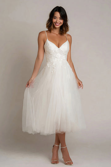 White Appliqued A Line Tulle Wedding Reception Dress